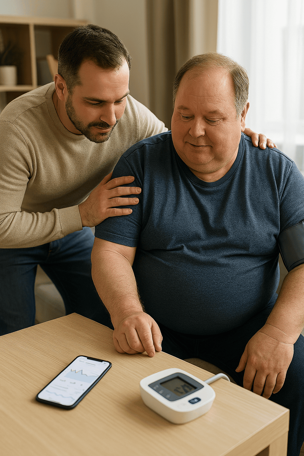 Proche aidant avec bienveillance un membre de sa famille en surpoids