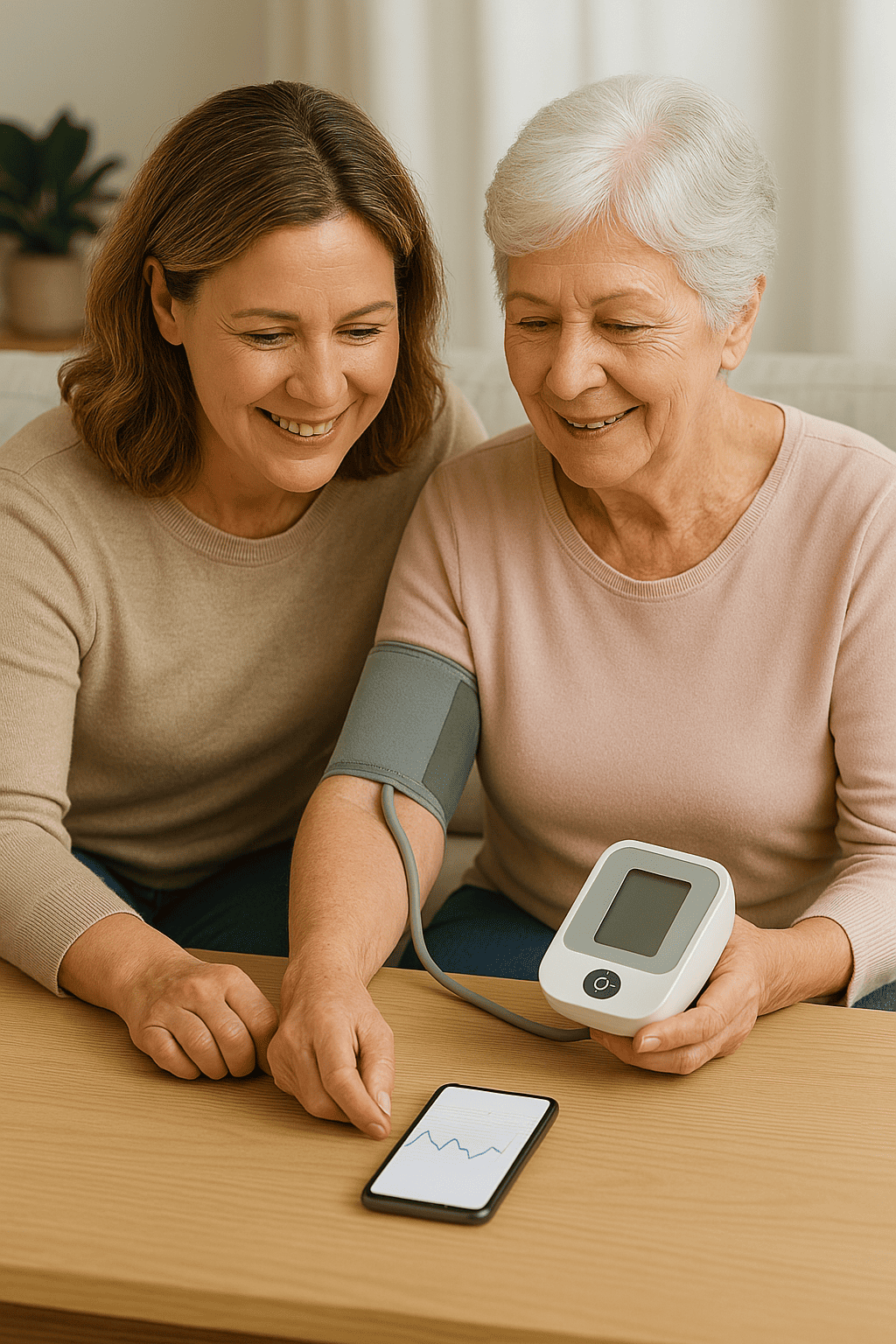 Aidante aux côtés de sa mère. La mère utilise un tensiomètre.
