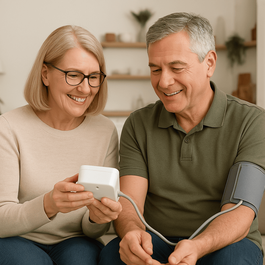 Couple de seniors (50-60 ans) à domicile, mesurant la tension artérielle avec un tensiomètre électronique de bras, l’autre consultant les résultats.