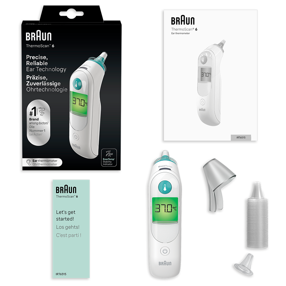 Contenu de la boite Braun ThermoScan 6 avec filtres et etui