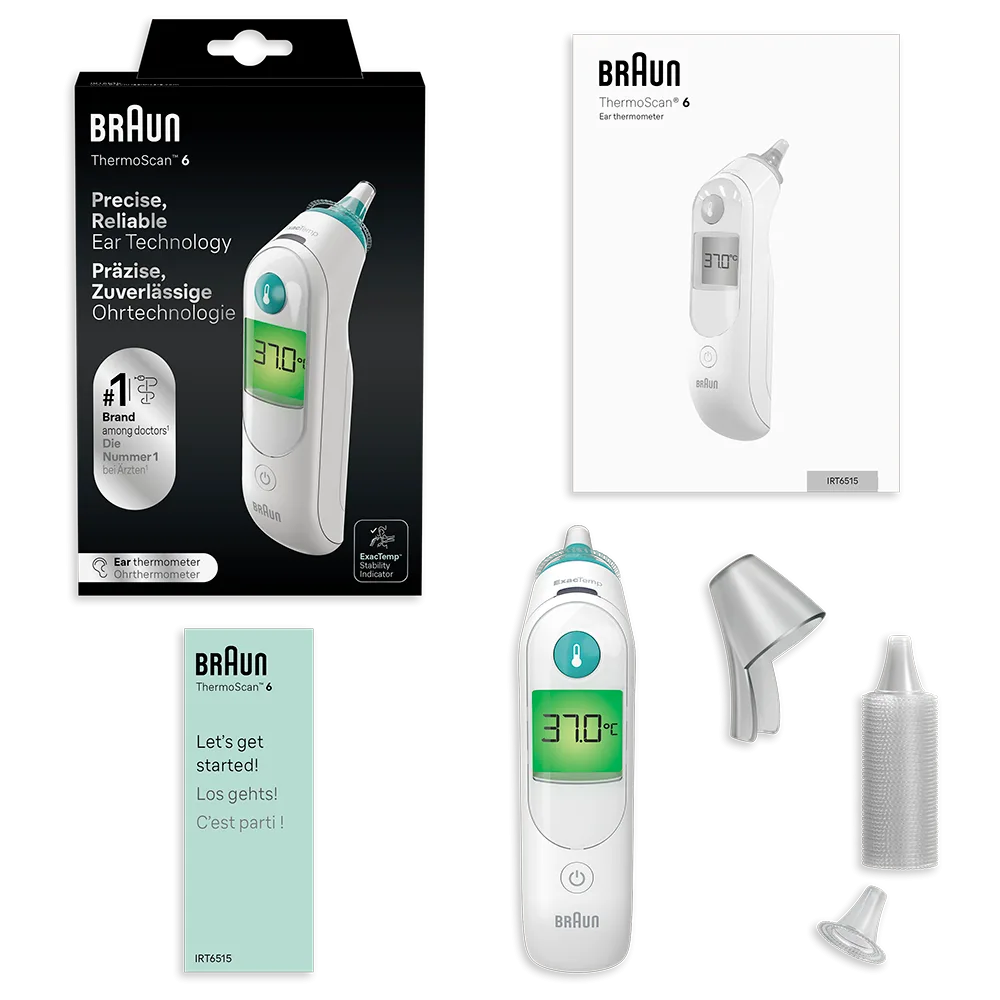 Contenu de la boite Braun ThermoScan 6 avec filtres et etui