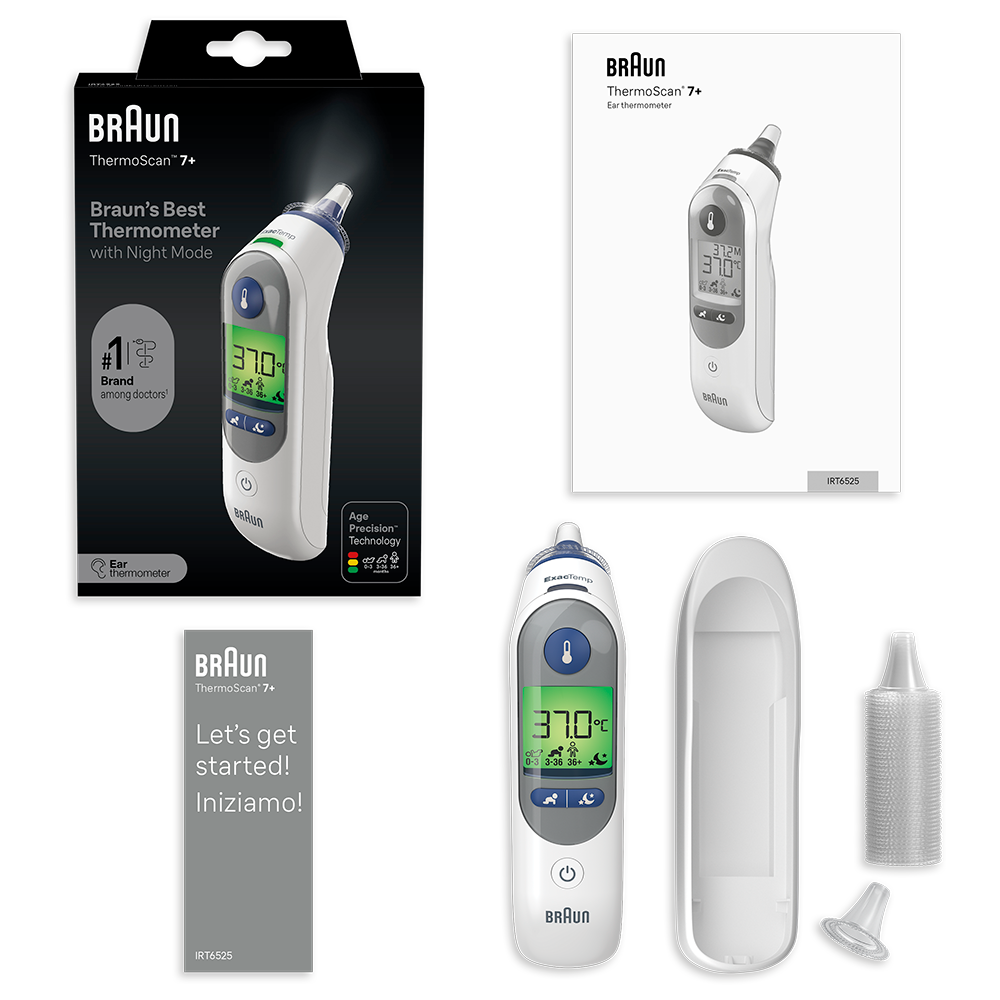Contenu du coffret Braun ThermoScan 7 avec filtres et piles