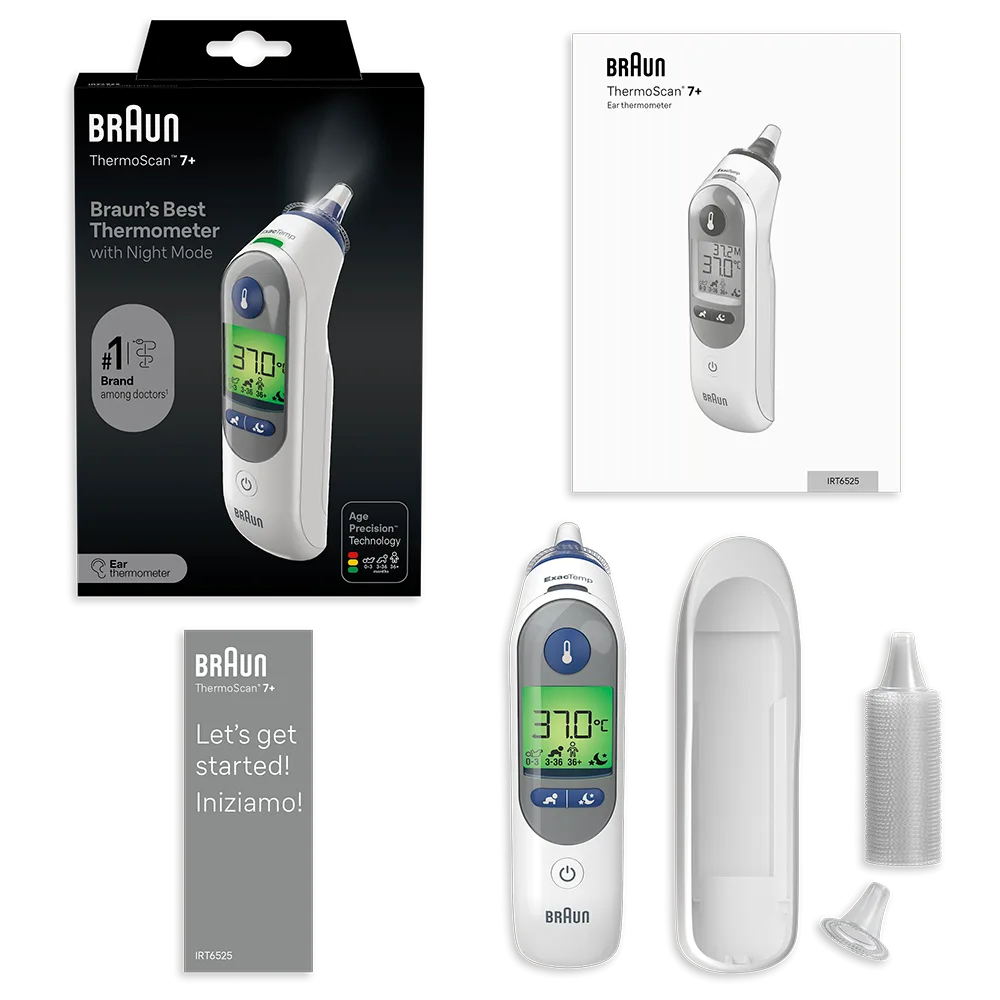 Contenu du coffret Braun ThermoScan 7 avec filtres et piles