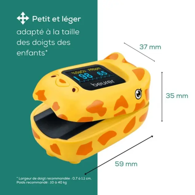 Dimensions oxymetre pediatrique Beurer PO 13 Kids 59x37x35mm