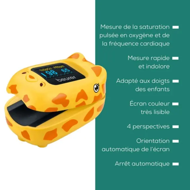Fonctionnalites oxymetre pediatrique Beurer PO 13 Kids