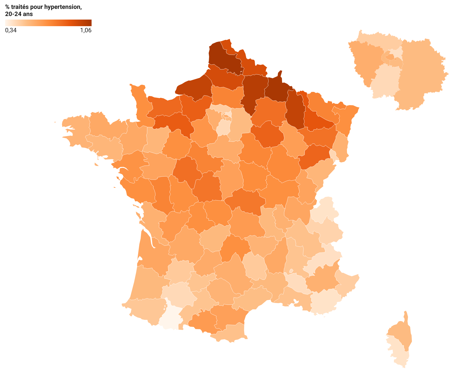 Carte : part des 20-24 ans traités pour hypertension par département en 2024