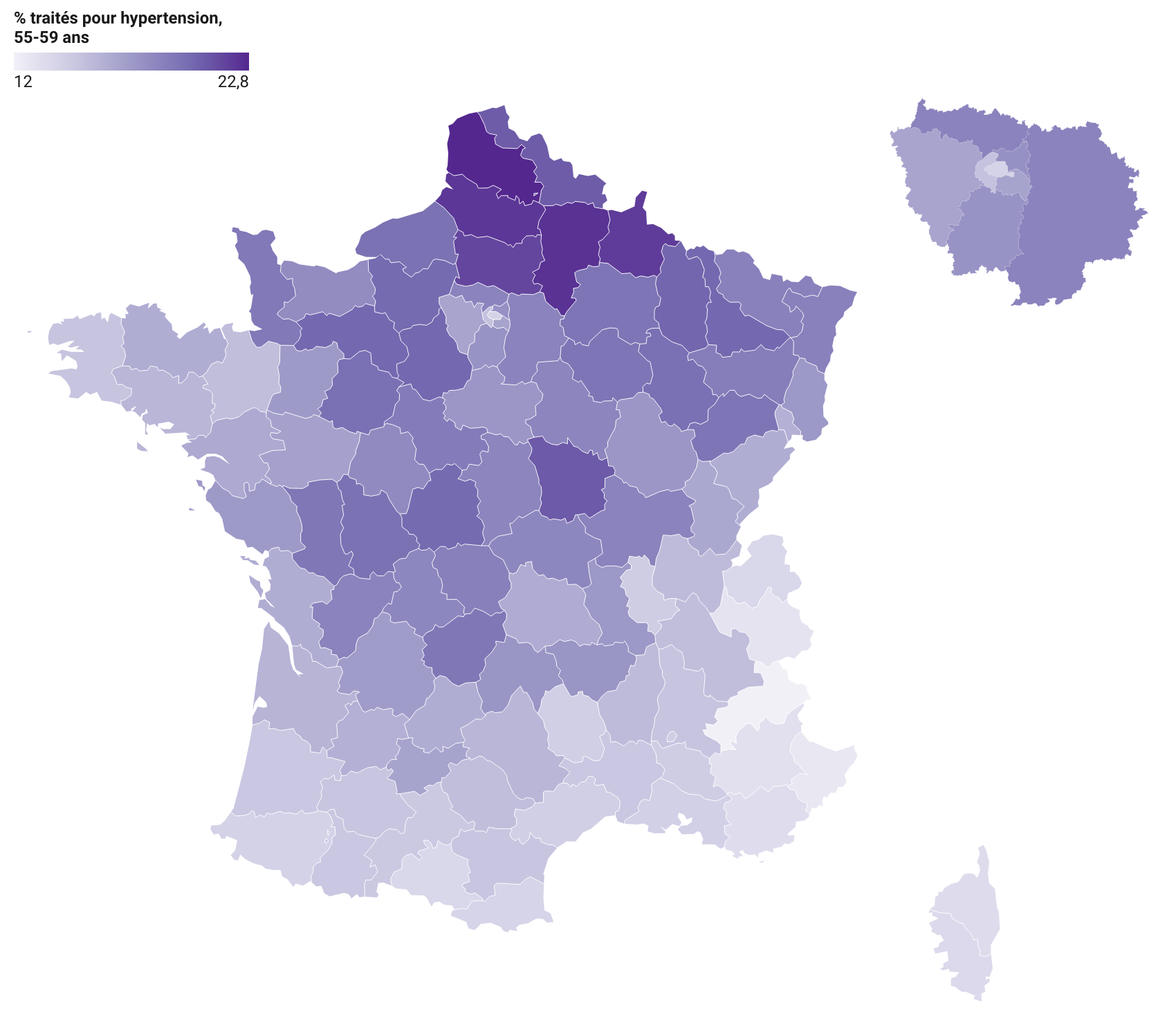 Carte : part des 55-59 ans traités pour hypertension par département en 2024