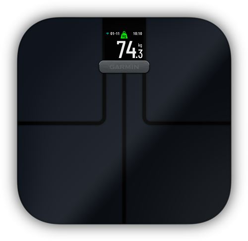 Balance connectée Garmin Index S2 noire avec son écran couleur affichant le poids