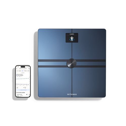 Balance Withings Body Comp noire vue de dessus, écran couleur et application Withings sur smartphone