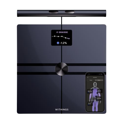 Balance Withings BodyFit noire vue de dessus avec sa poignée, écran couleur et application Withings sur smartphone