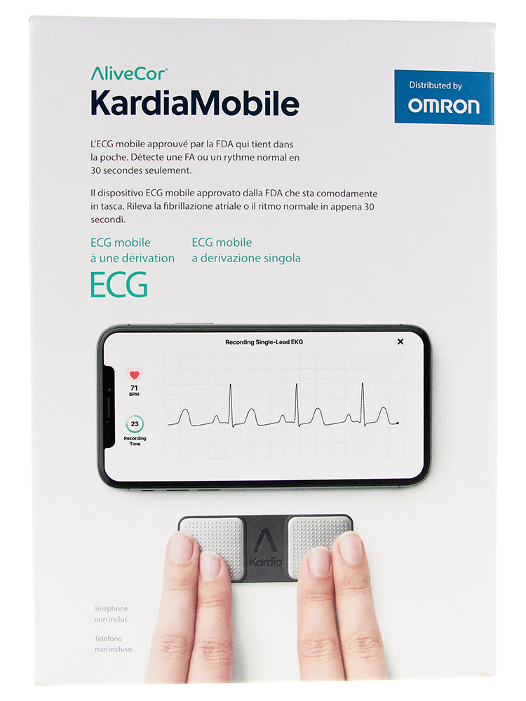 Boîte de l'AliveCor KardiaMobile à une dérivation distribué par Omron