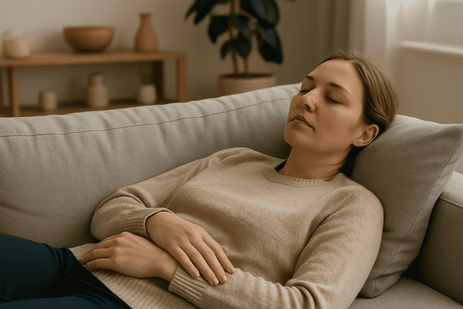 Photo d'une femme allongée sur un canapé pour faire baisser sa tension artérielle en cas d'hypertension